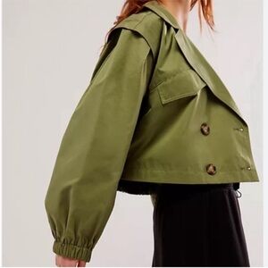 Free People Small Jacket Looking Glass Trench Coat lined cropped Loden Green NWT